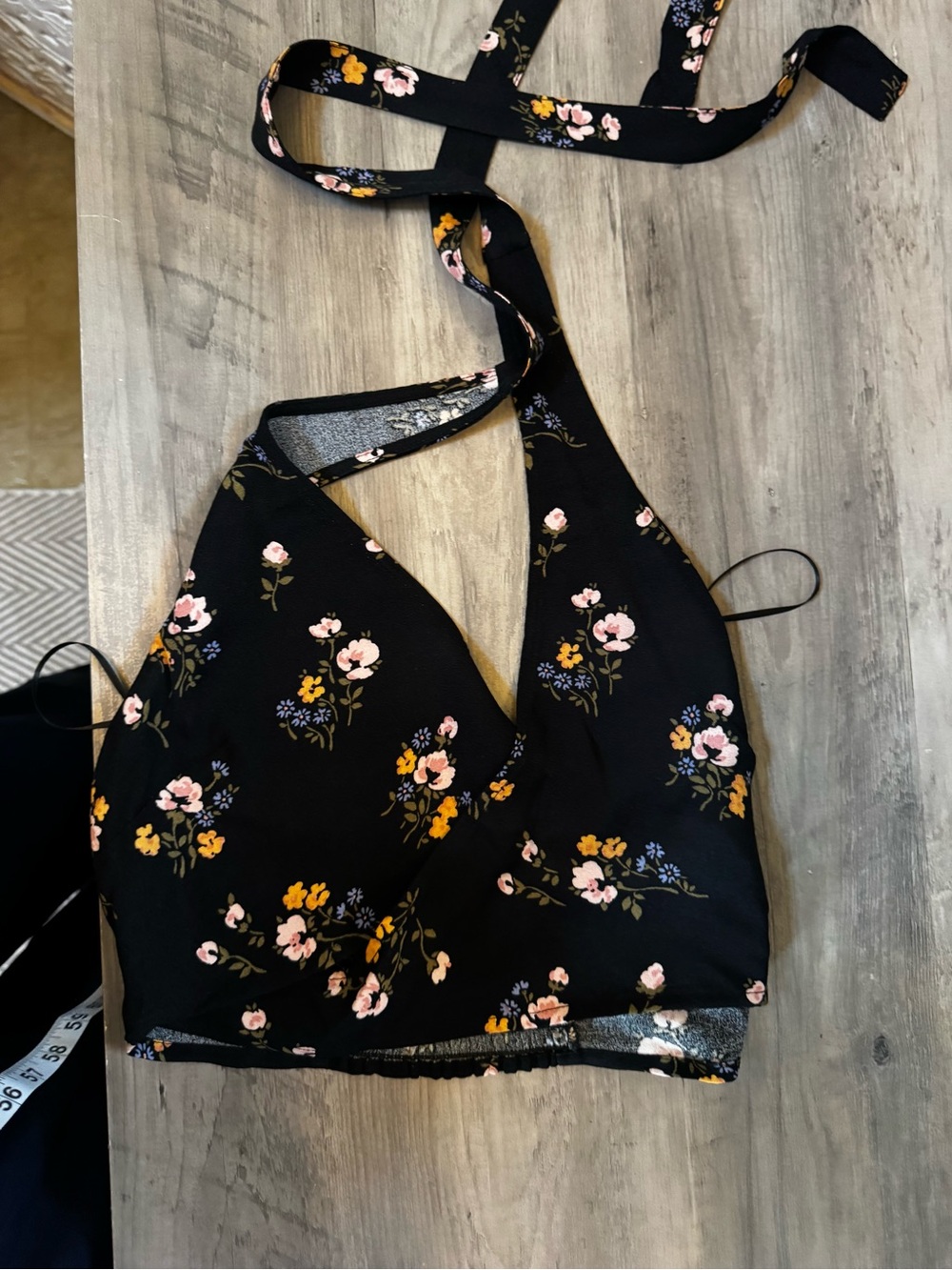 Reformation Black Floral Halter Tie Crop Top - Picture 2 of 7